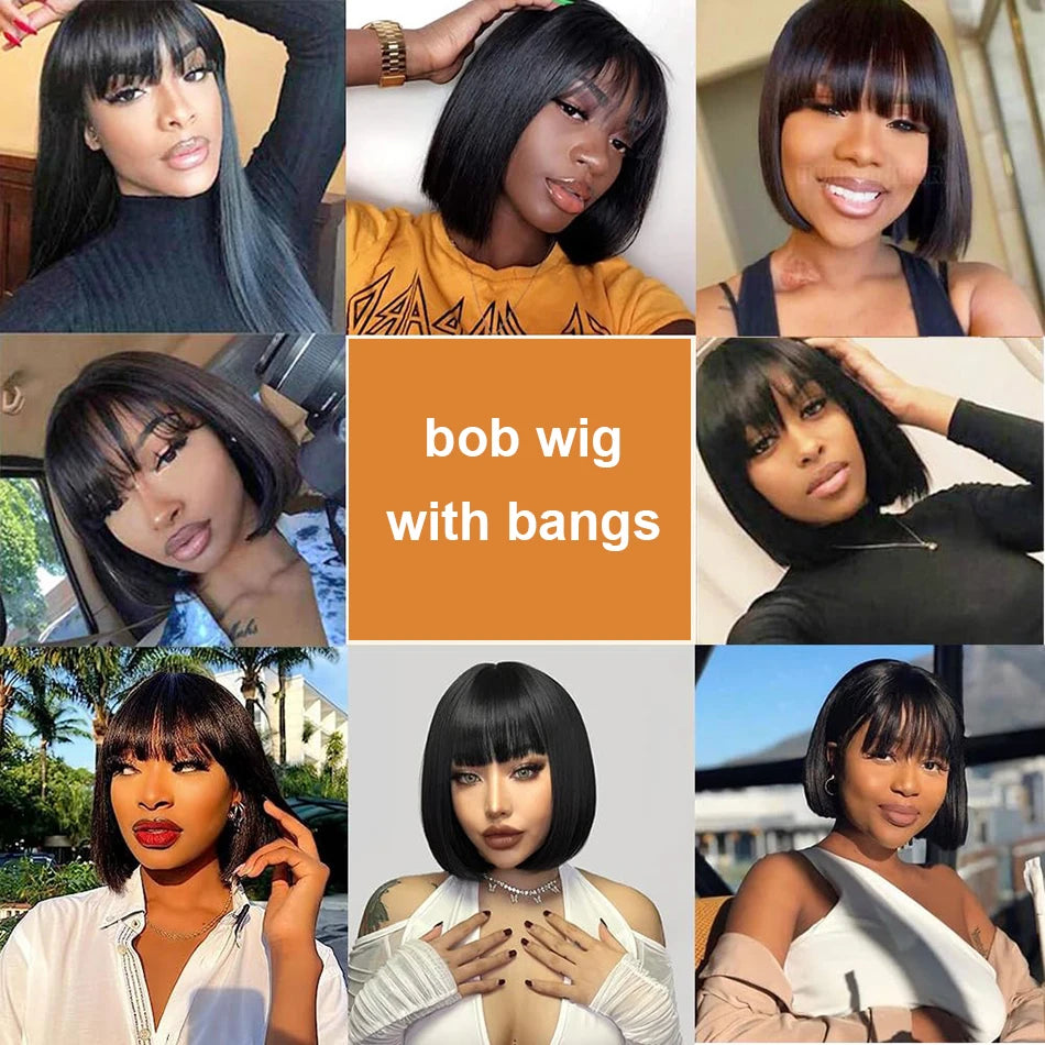 Short Bob Human Hair Wig – Bone Straight with Bangs, 3x1 Lace