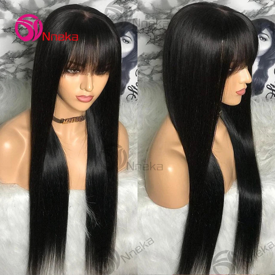 30 Inch Bone Straight Wig with Bangs – 3x1 Lace, Glueless Brazilian Human Hair