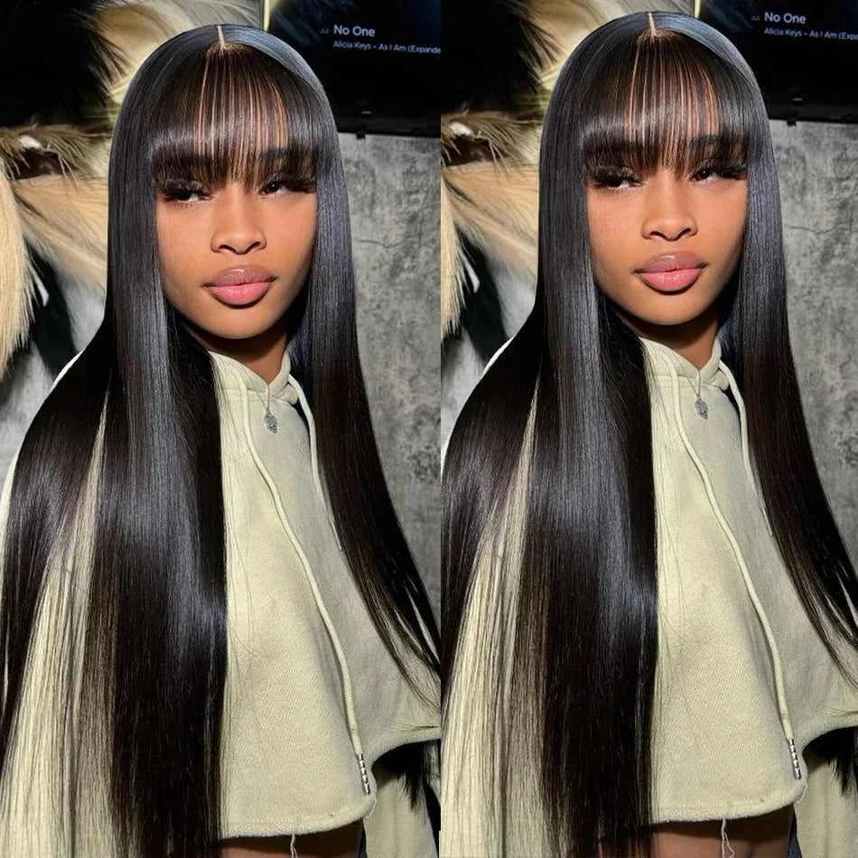 30 Inch Bone Straight Wig with Bangs – 3x1 Lace, Glueless Brazilian Human Hair