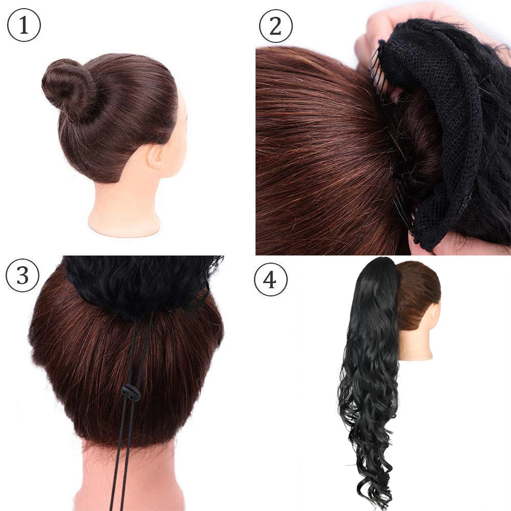 26" Long Body Wave Ponytail – Black Synthetic Drawstring Extension