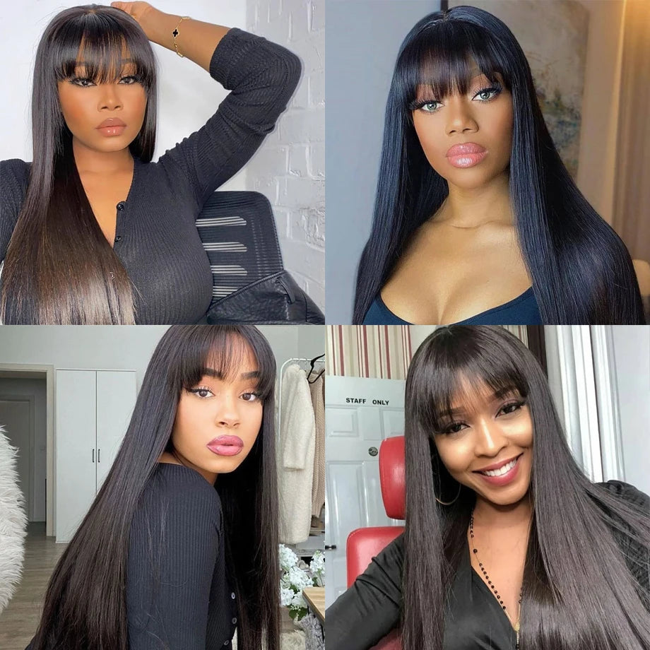 30 Inch Bone Straight Wig with Bangs – 3x1 Lace, Glueless Brazilian Human Hair