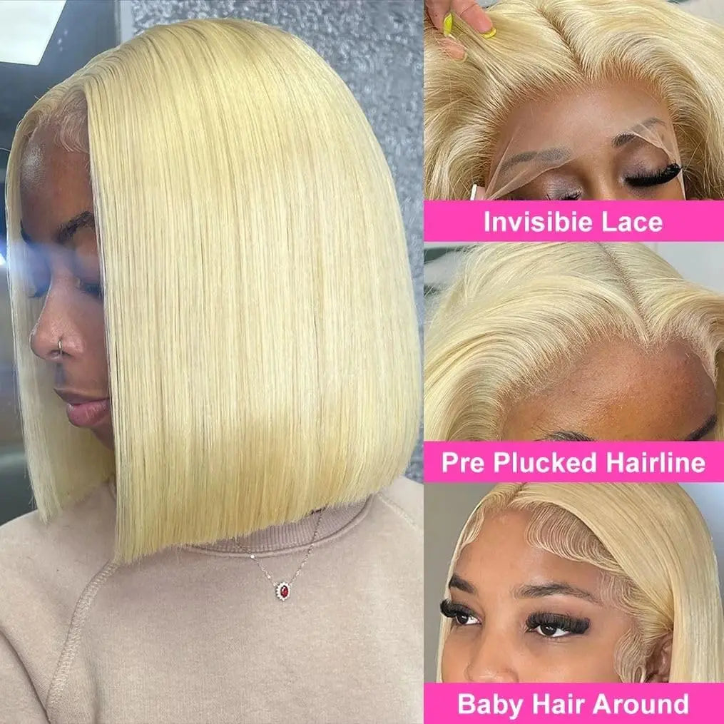 Short Straight Blonde Bob Wig – Brazilian Human Hair, 16”