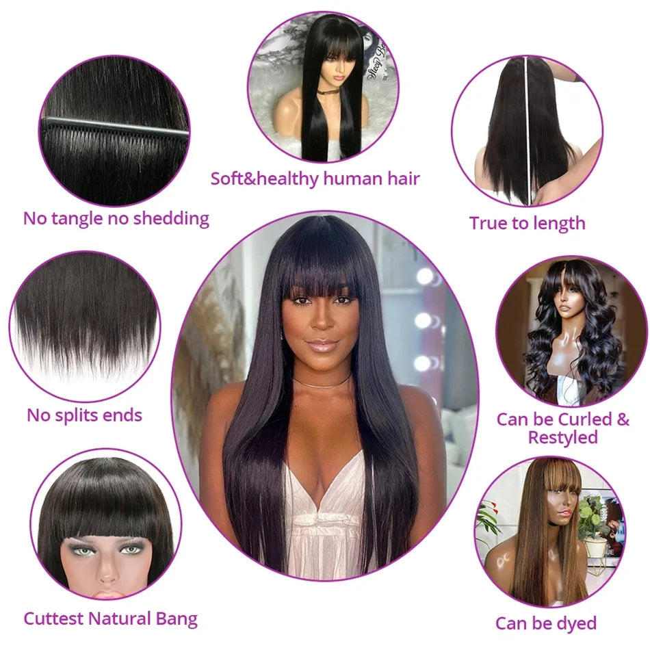30 Inch Bone Straight Wig with Bangs – 3x1 Lace, Glueless Brazilian Human Hair