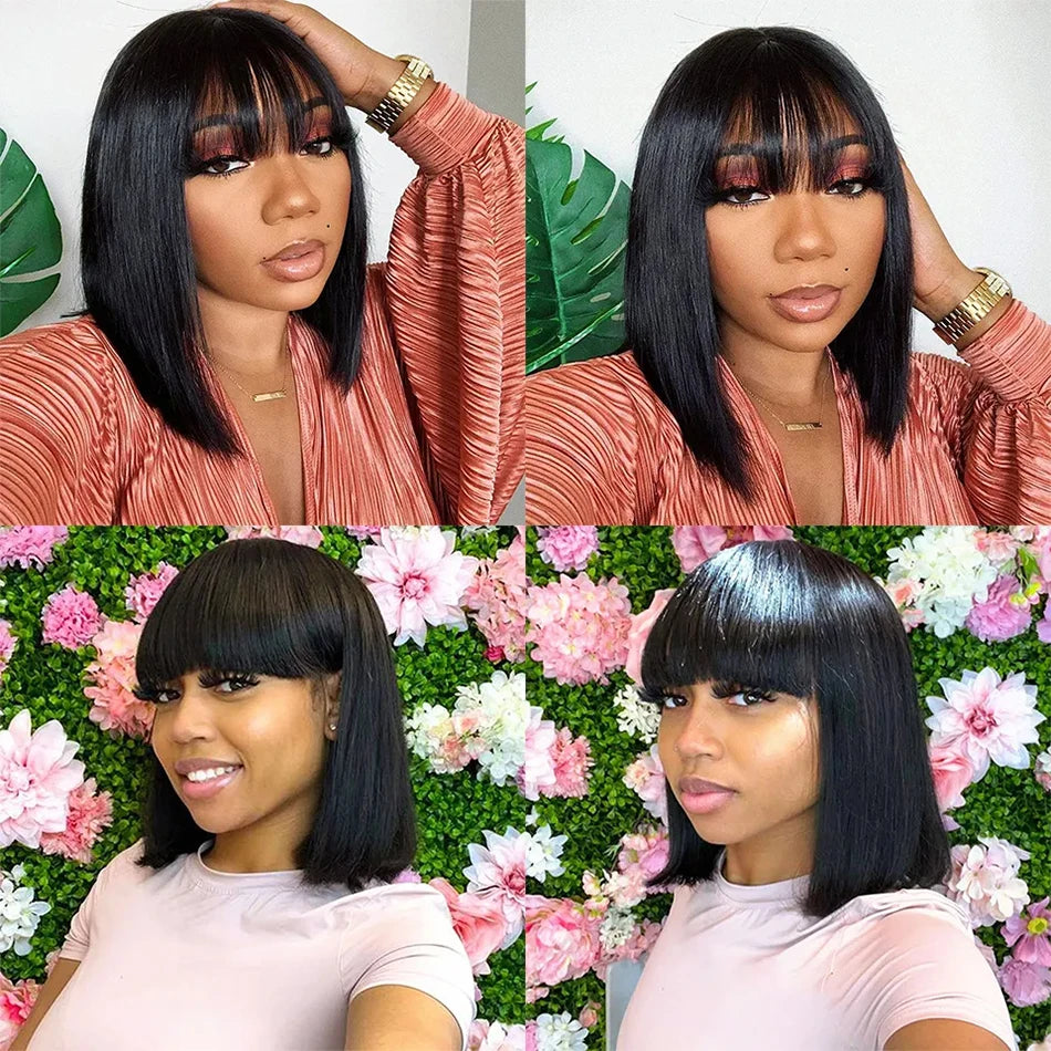 Short Bob Human Hair Wig – Bone Straight with Bangs, 3x1 Lace