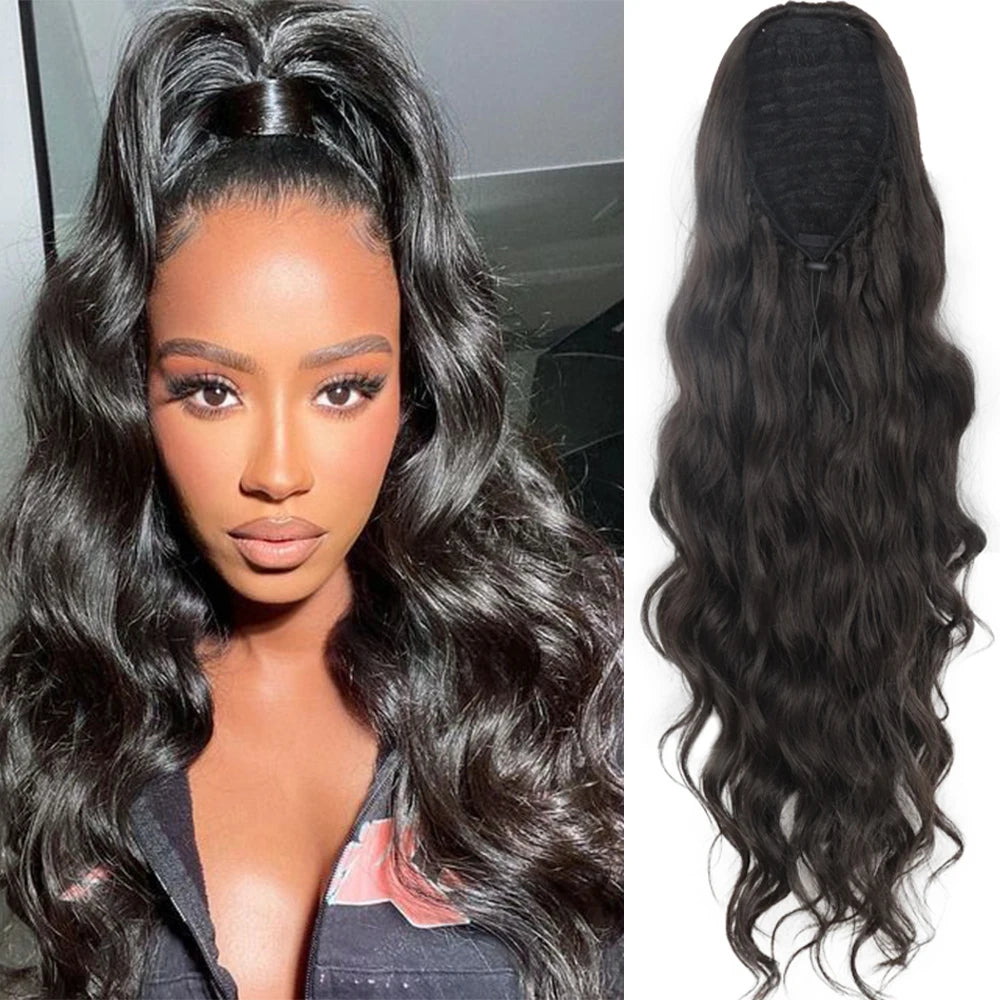 26" Long Body Wave Ponytail – Black Synthetic Drawstring Extension