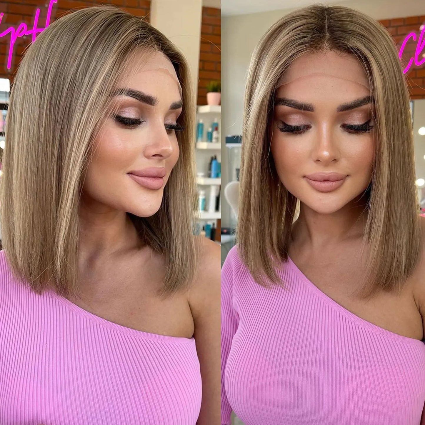 Brown Highlight Synthetic Lace Front Short Bob Wigs 13x3 Colored
