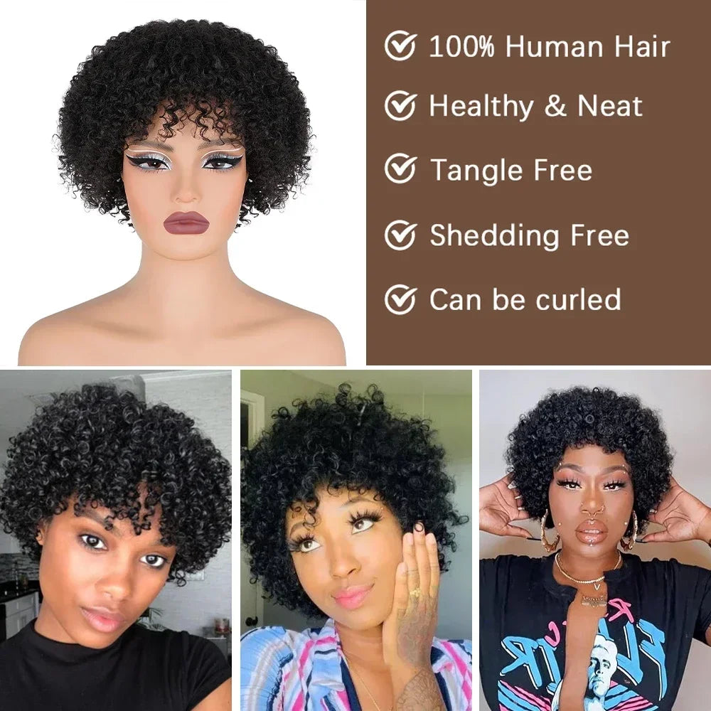 Short Curly Pixie Cut Wig with Bangs Glueless Afro Kinky Curly Brazilian Human Hair Wigs