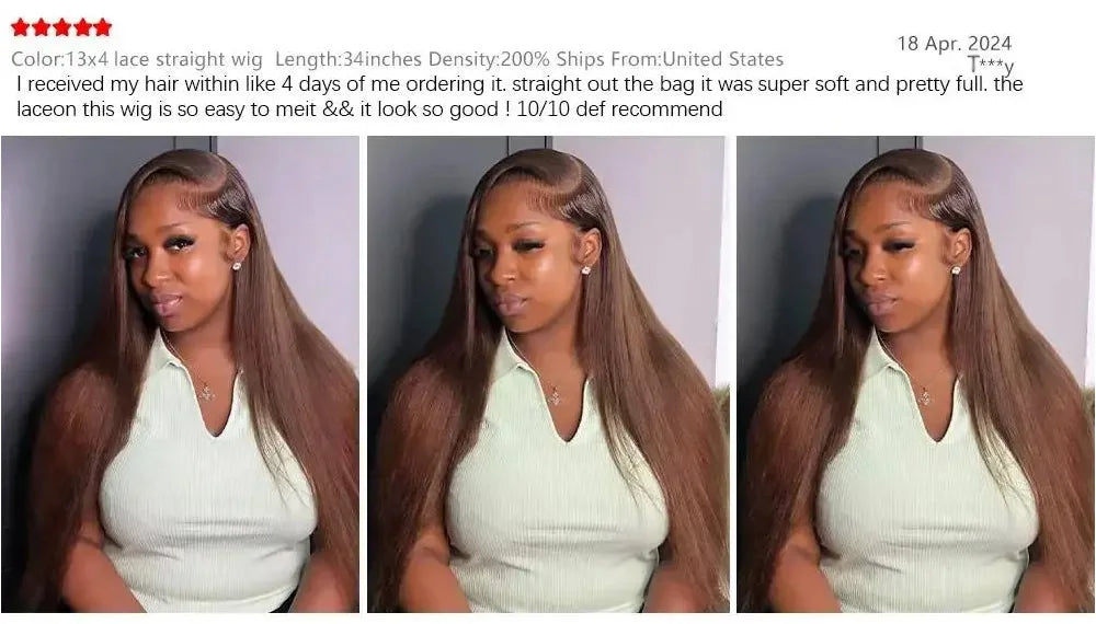 Chocolate Brown Straight Human Hair Wig – 13x6 Lace Front, 200% Density