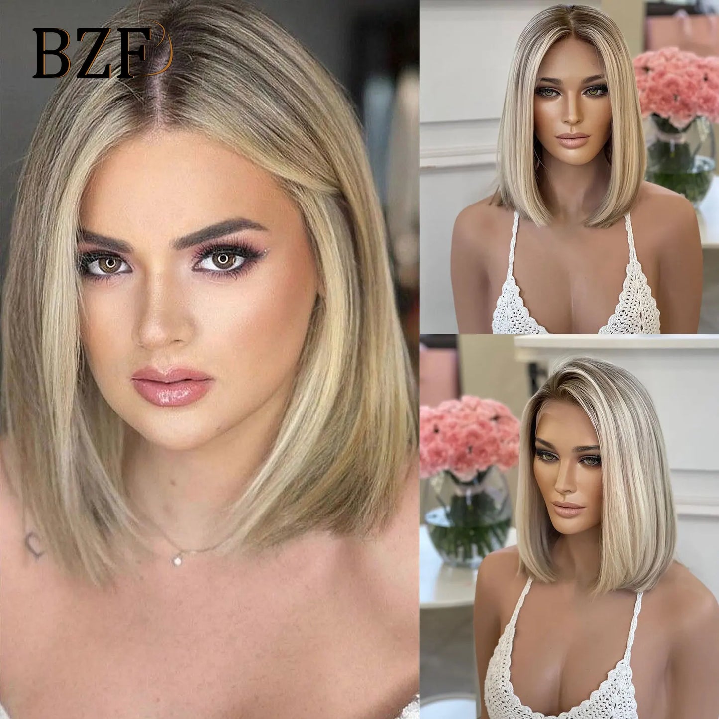 Brown Highlight Synthetic Lace Front Short Bob Wigs 13x3 Colored