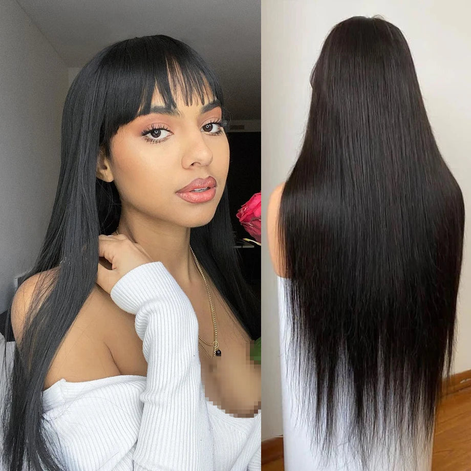 30 Inch Bone Straight Wig with Bangs – 3x1 Lace, Glueless Brazilian Human Hair
