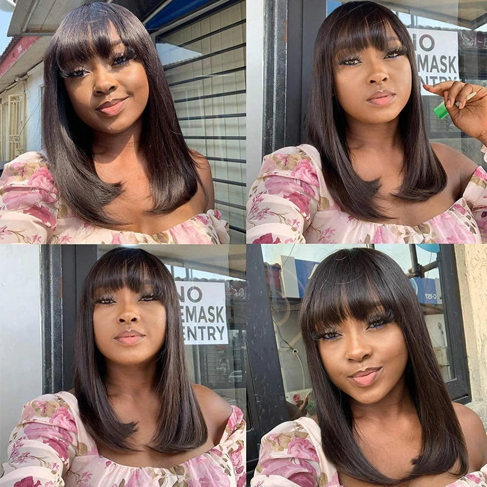 Short Bob Human Hair Wig – Bone Straight with Bangs, 3x1 Lace