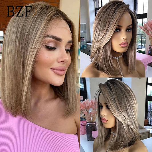 Brown Highlight Synthetic Lace Front Short Bob Wigs 13x3 Colored
