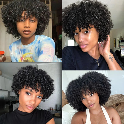 Short Curly Pixie Cut Wig with Bangs Glueless Afro Kinky Curly Brazilian Human Hair Wigs