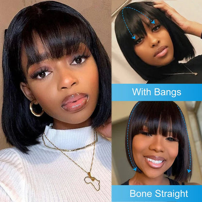 Short Bob Human Hair Wig – Bone Straight with Bangs, 3x1 Lace