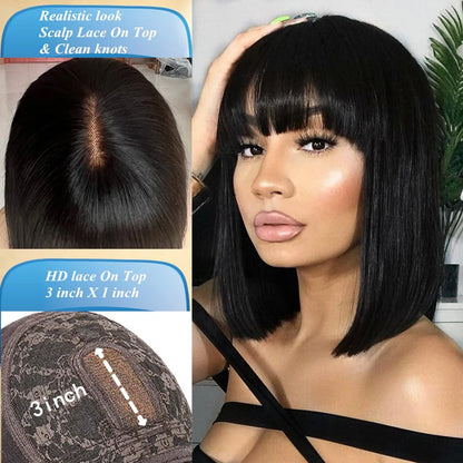 Short Bob Human Hair Wig – Bone Straight with Bangs, 3x1 Lace