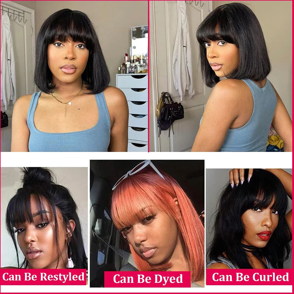 Short Bob Human Hair Wig – Bone Straight with Bangs, 3x1 Lace