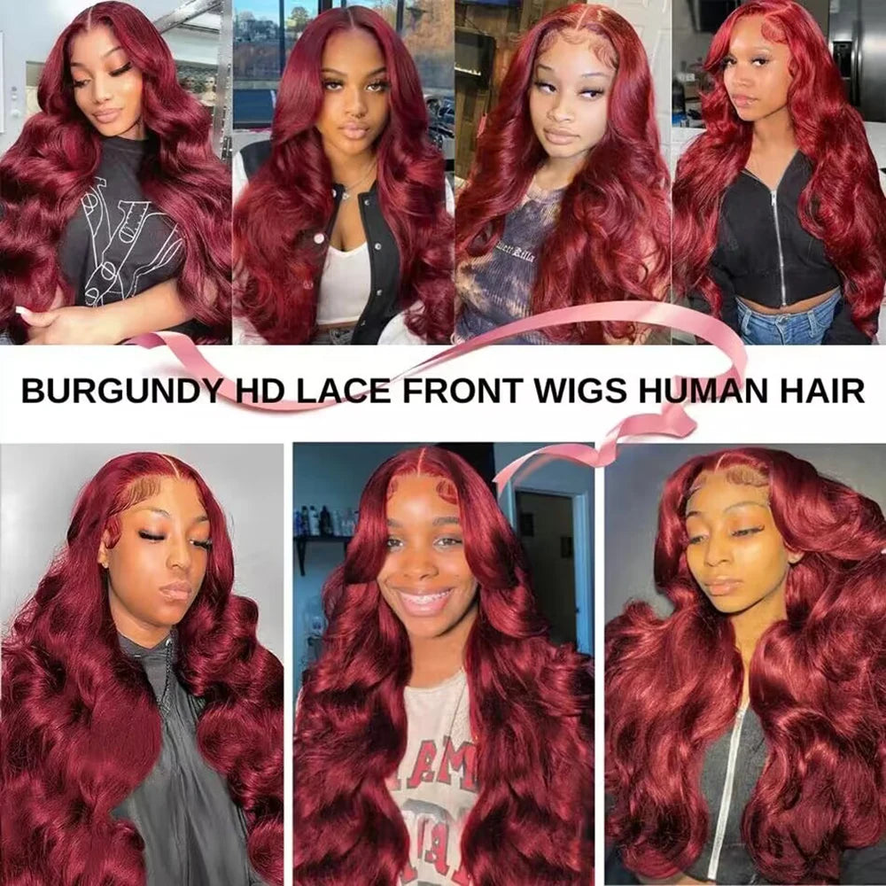 99J Burgundy Body Wave Wig – 13x4/13x6 Lace Front, 200% Density, 30–36 Inch Human Hair