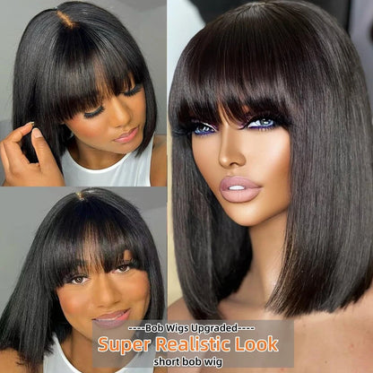 Short Bob Human Hair Wig – Bone Straight with Bangs, 3x1 Lace