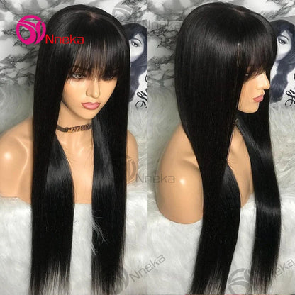 30 Inch Bone Straight Wig with Bangs – 3x1 Lace, Glueless Brazilian Human Hair