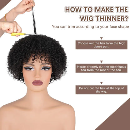 Short Curly Pixie Cut Wig with Bangs Glueless Afro Kinky Curly Brazilian Human Hair Wigs