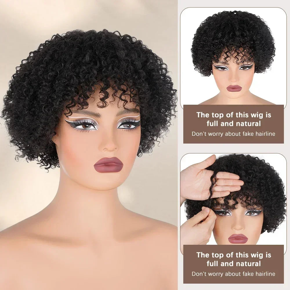 Short Curly Pixie Cut Wig with Bangs Glueless Afro Kinky Curly Brazilian Human Hair Wigs