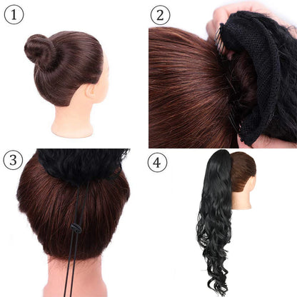26" Long Body Wave Ponytail – Black Synthetic Drawstring Extension