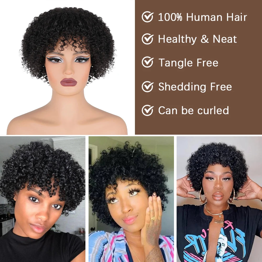 Short Curly Pixie Cut Wig with Bangs Glueless Afro Kinky Curly Brazilian Human Hair Wigs
