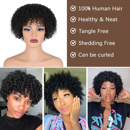 Short Curly Pixie Cut Wig with Bangs Glueless Afro Kinky Curly Brazilian Human Hair Wigs