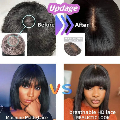 Short Bob Human Hair Wig – Bone Straight with Bangs, 3x1 Lace