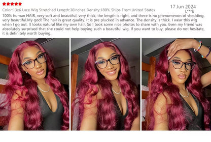 99J Burgundy Body Wave Wig – 13x4/13x6 Lace Front, 200% Density, 30–36 Inch Human Hair