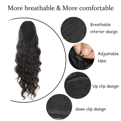 26" Long Body Wave Ponytail – Black Synthetic Drawstring Extension