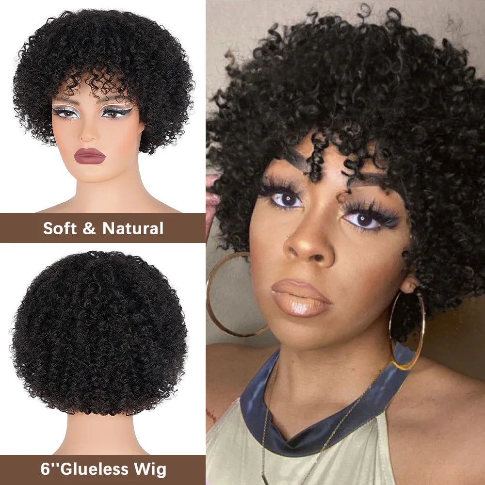 Short Curly Pixie Cut Wig with Bangs Glueless Afro Kinky Curly Brazilian Human Hair Wigs