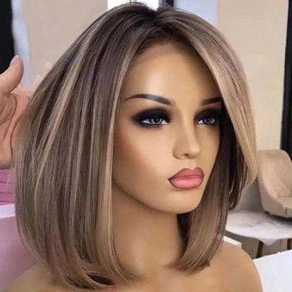 Brown Highlight Synthetic Lace Front Short Bob Wigs 13x3 Colored
