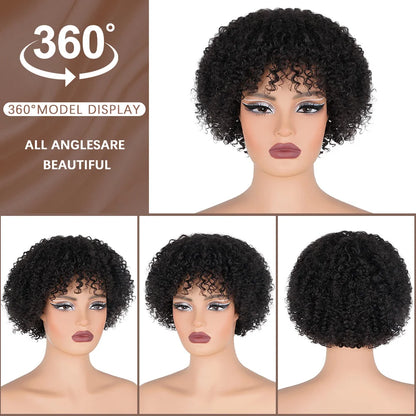 Short Curly Pixie Cut Wig with Bangs Glueless Afro Kinky Curly Brazilian Human Hair Wigs