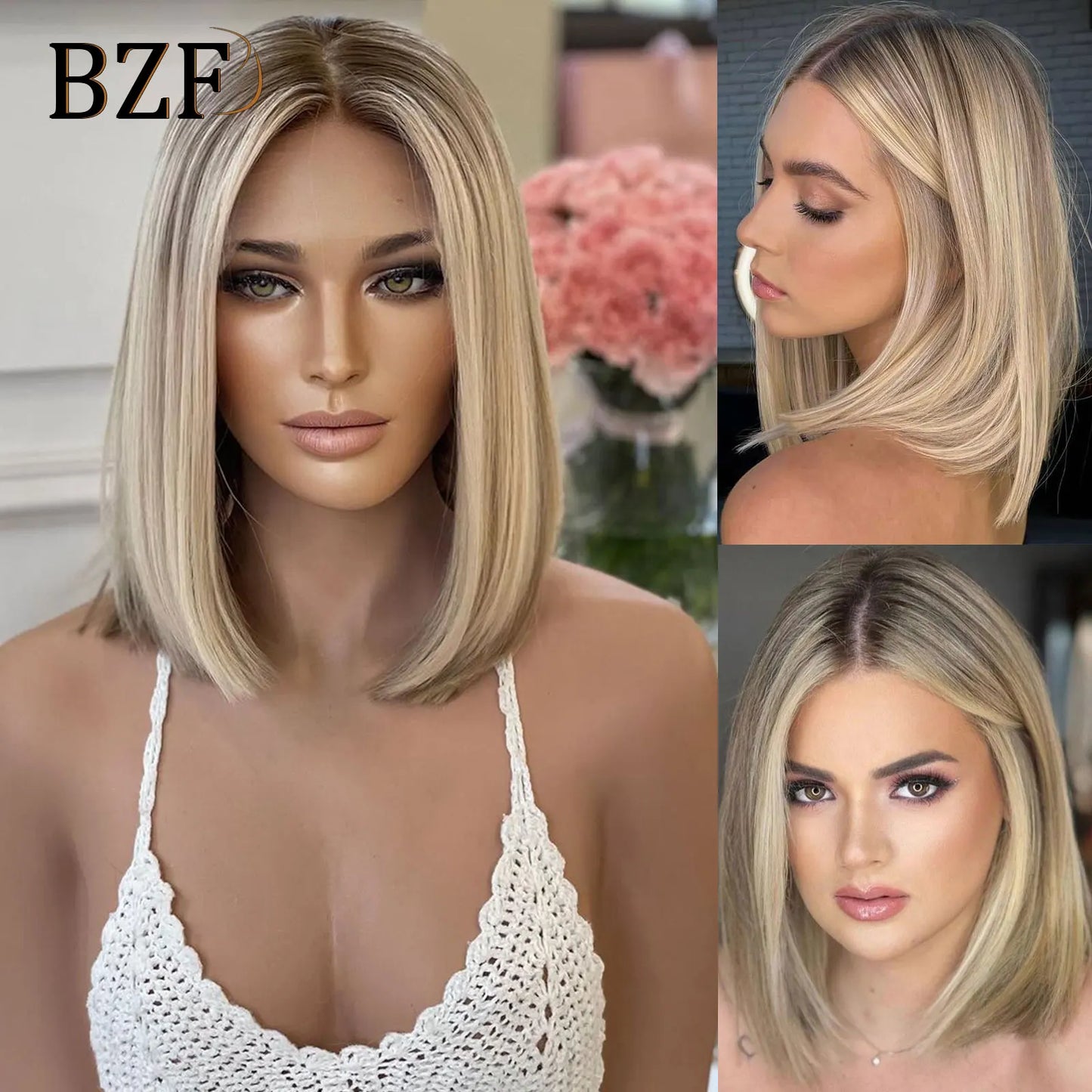 Brown Highlight Synthetic Lace Front Short Bob Wigs 13x3 Colored