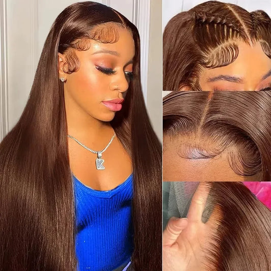 Chocolate Brown Straight Human Hair Wig – 13x6 Lace Front, 200% Density