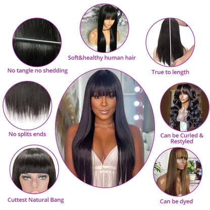 30 Inch Bone Straight Wig with Bangs – 3x1 Lace, Glueless Brazilian Human Hair