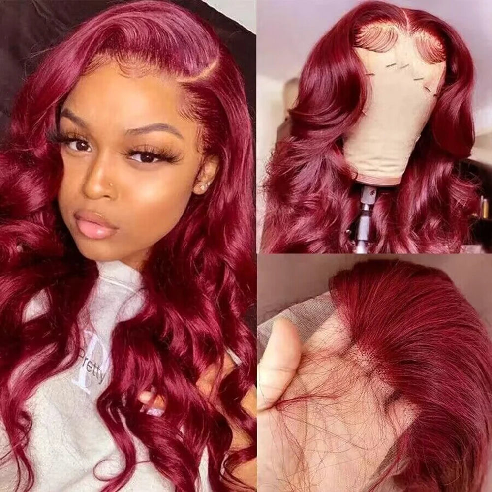 99J Burgundy Body Wave Wig – 13x4/13x6 Lace Front, 200% Density, 30–36 Inch Human Hair