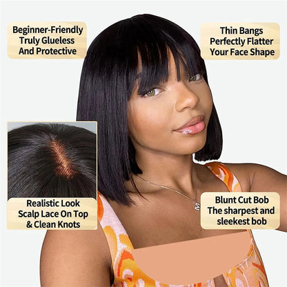 Short Bob Human Hair Wig – Bone Straight with Bangs, 3x1 Lace