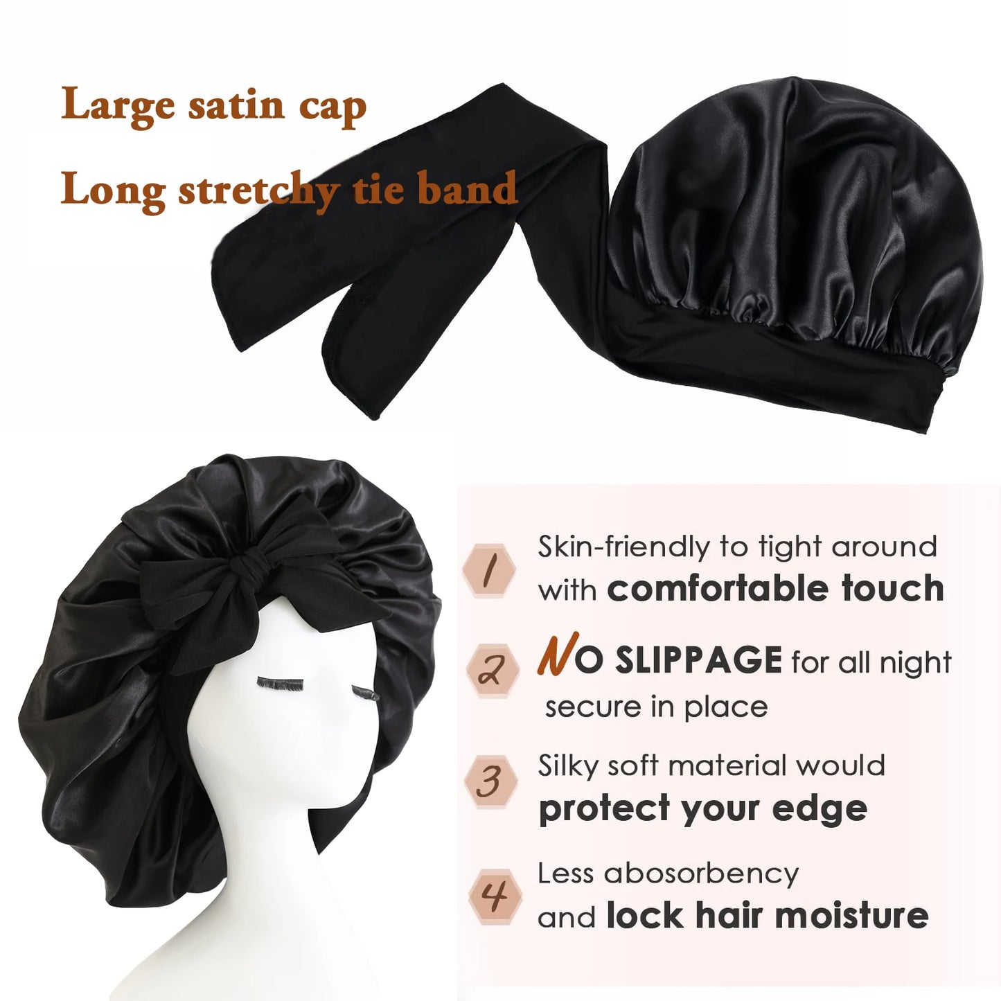 New Silk Bonnet for Sleeping Women Satin Bonnet Hair Bonnet night sleep cap scarf wrap for curly hair With Tie Band for Curly Hair