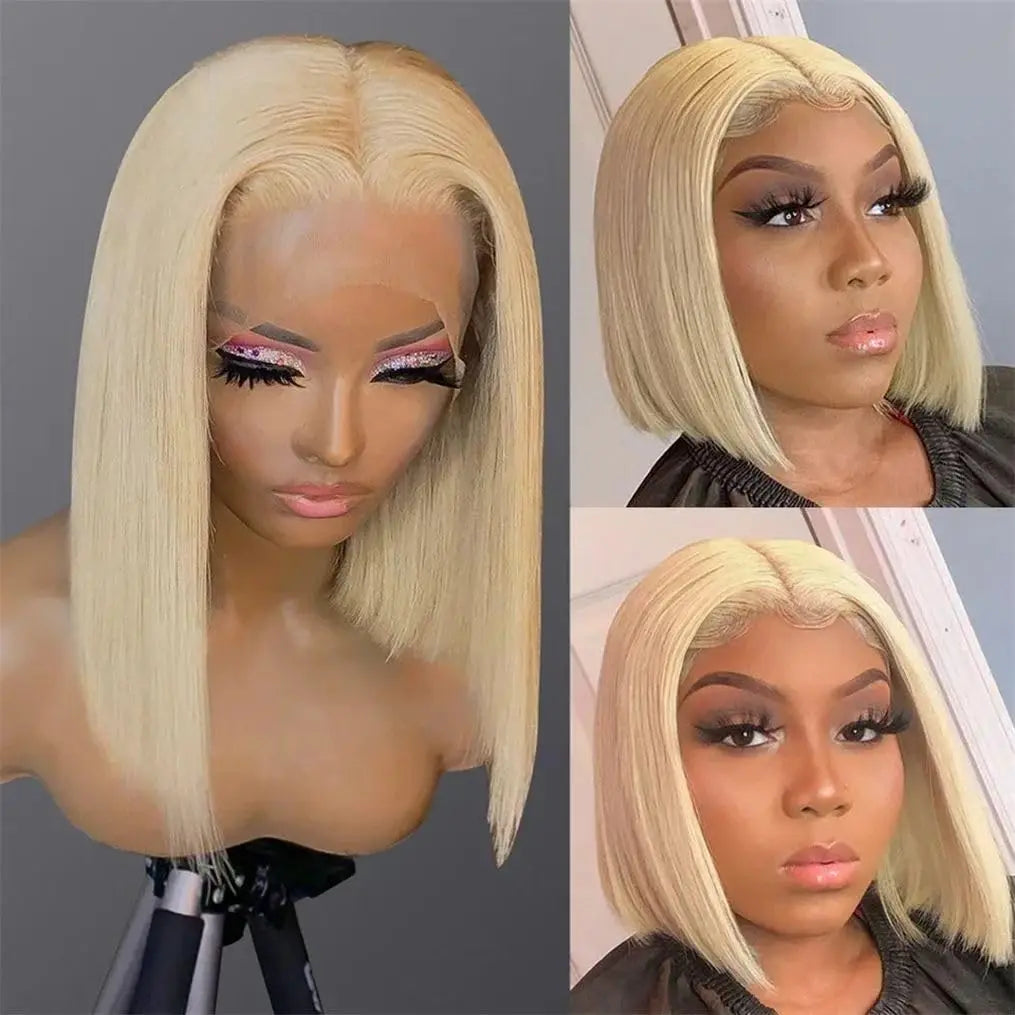 Short Straight Blonde Bob Wig – Brazilian Human Hair, 16”