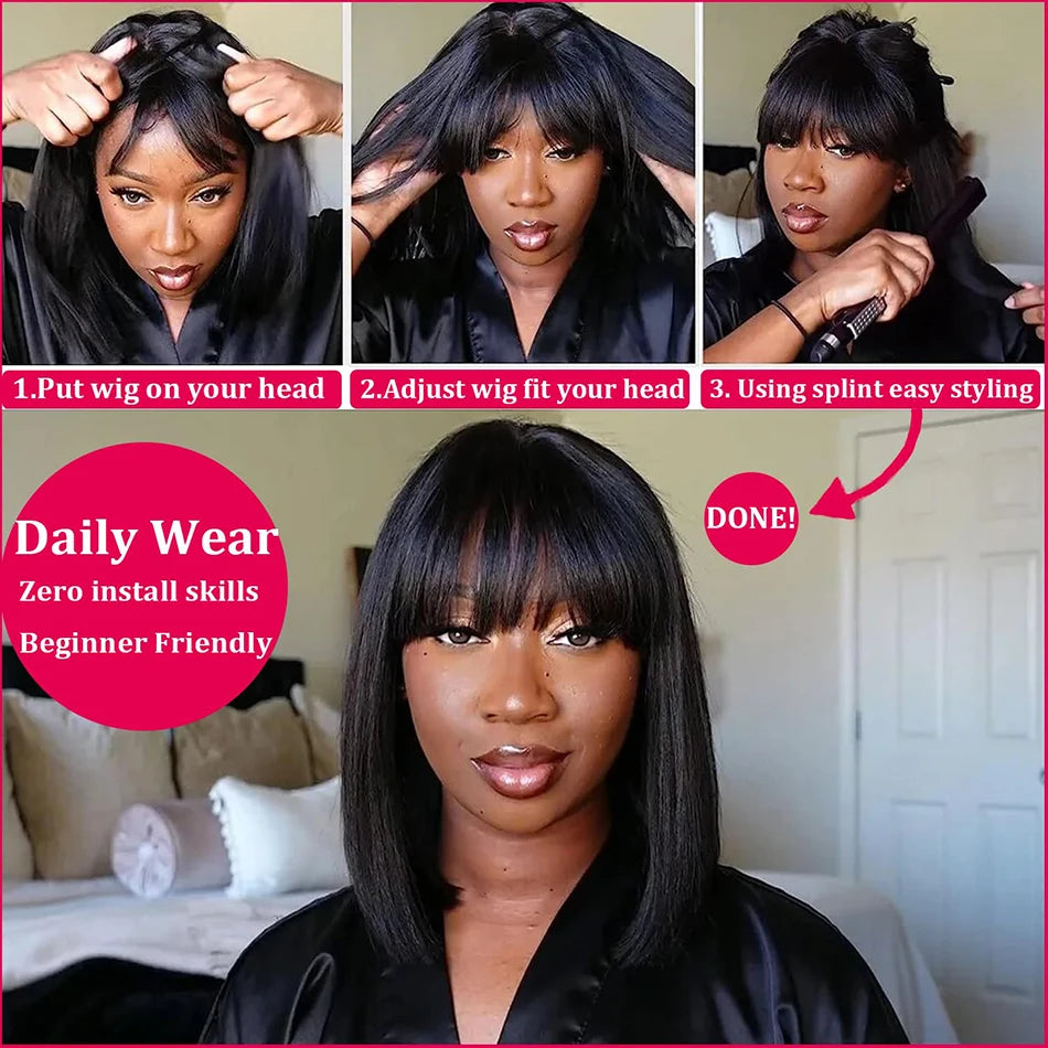 Short Bob Human Hair Wig – Bone Straight with Bangs, 3x1 Lace