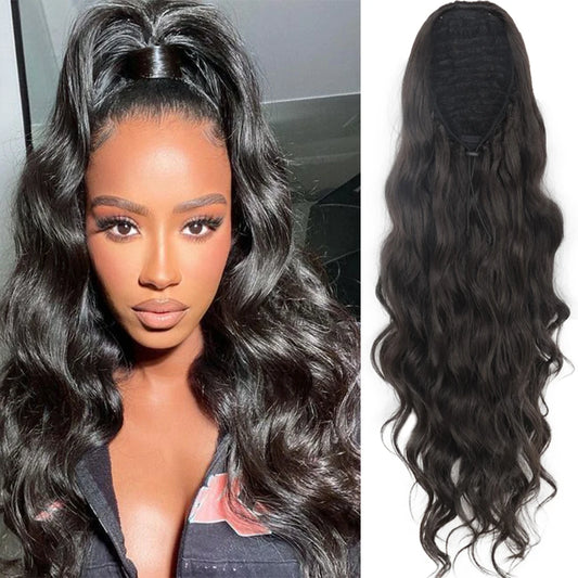 26" Long Body Wave Ponytail – Black Synthetic Drawstring Extension