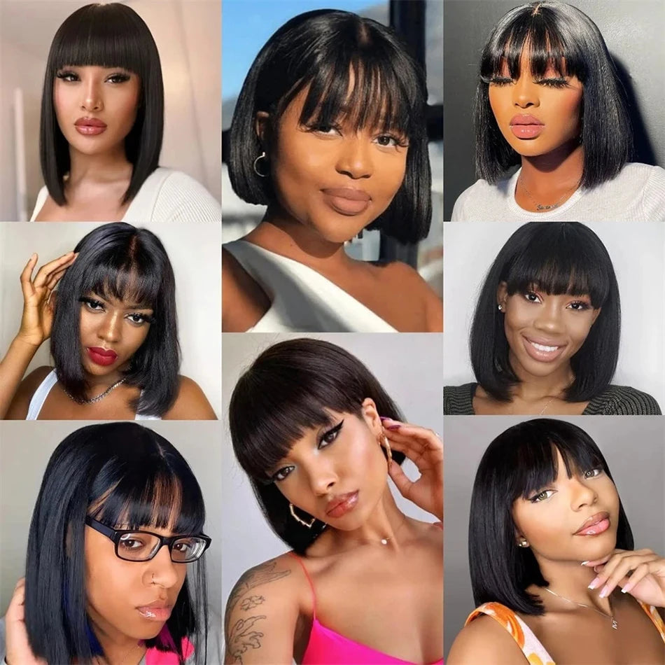 Short Bob Human Hair Wig – Bone Straight with Bangs, 3x1 Lace