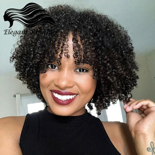 Short Curly Pixie Cut Wig with Bangs Glueless Afro Kinky Curly Brazilian Human Hair Wigs