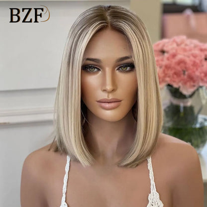Brown Highlight Synthetic Lace Front Short Bob Wigs 13x3 Colored