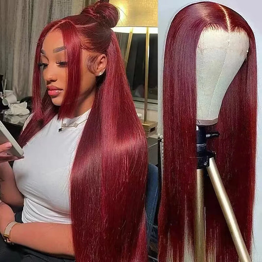 Burgundy Straight Human Hair Wig – 13x4/13x6 HD Lace Front, 200% Density