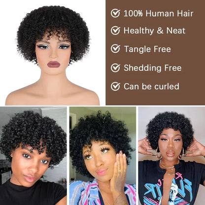 Short Curly Pixie Cut Wig with Bangs Glueless Afro Kinky Curly Brazilian Human Hair Wigs