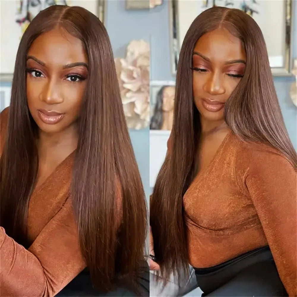 Chocolate Brown Straight Human Hair Wig – 13x6 Lace Front, 200% Density
