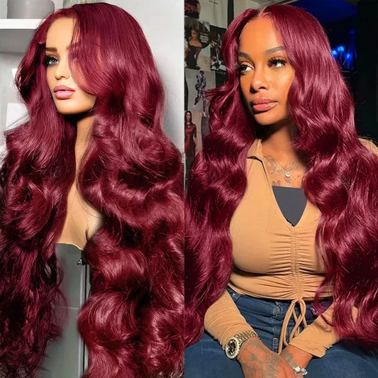 99J Burgundy Body Wave Wig – 13x4/13x6 Lace Front, 200% Density, 30–36 Inch Human Hair